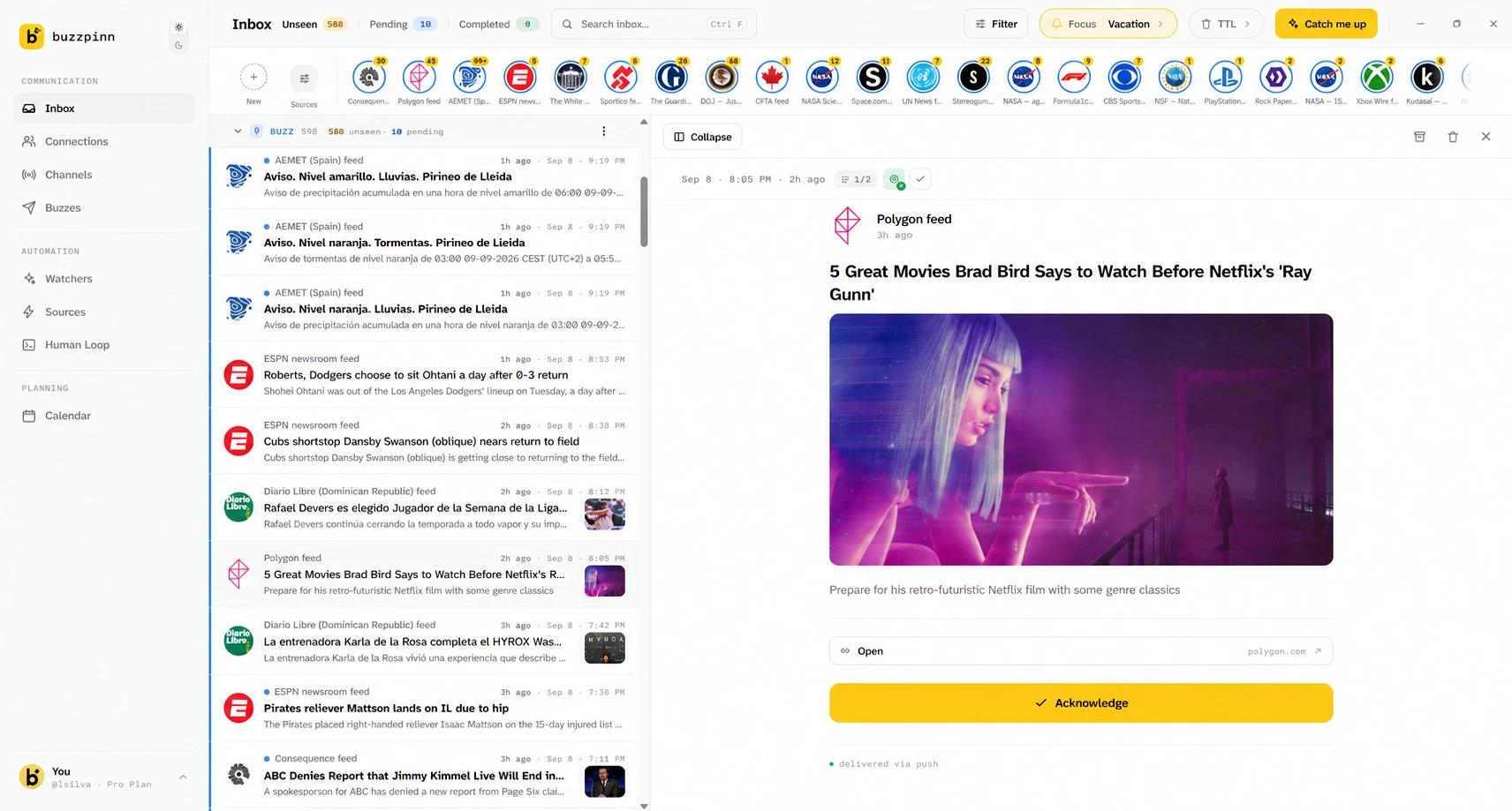 Buzzpinn inbox interface showing sources, notification feeds and a selected content detail