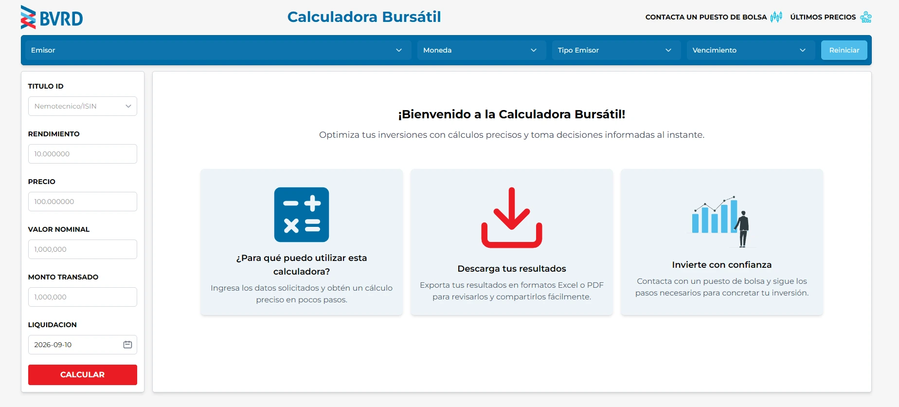 The redesigned Fixed Income Calculator on opening, with the calculation inputs on the left and the welcome panel explaining what the tool does, how results can be exported and how to act on them