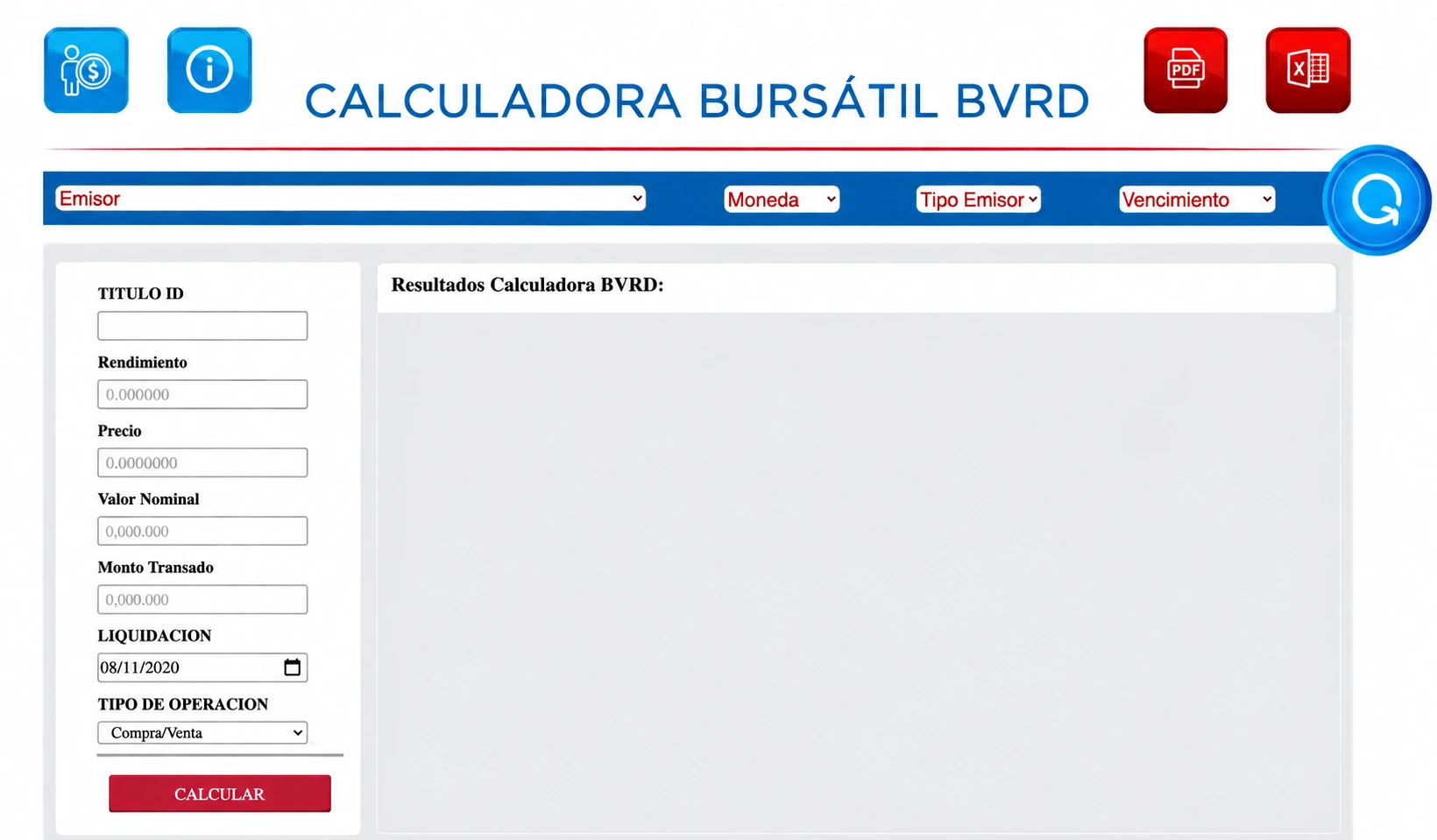 The previous Fixed Income Calculator: a dense header with icon buttons, a blue filter bar, a narrow column of empty inputs on the left and an empty results panel on the right