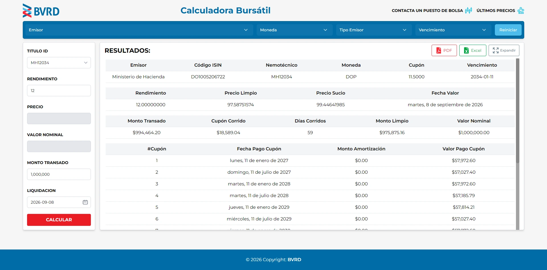Market Calculator interface showing financial inputs, pricing results and bond cash flows