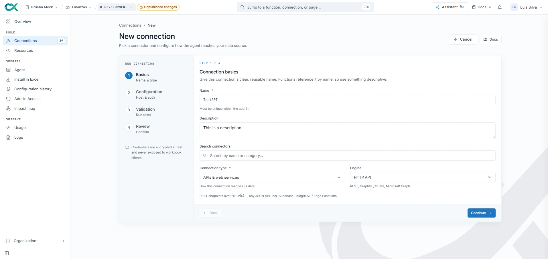 The first step of creating a ConnXL connection: a four-step rail for basics, configuration, validation and review, beside the fields for the connection name and description