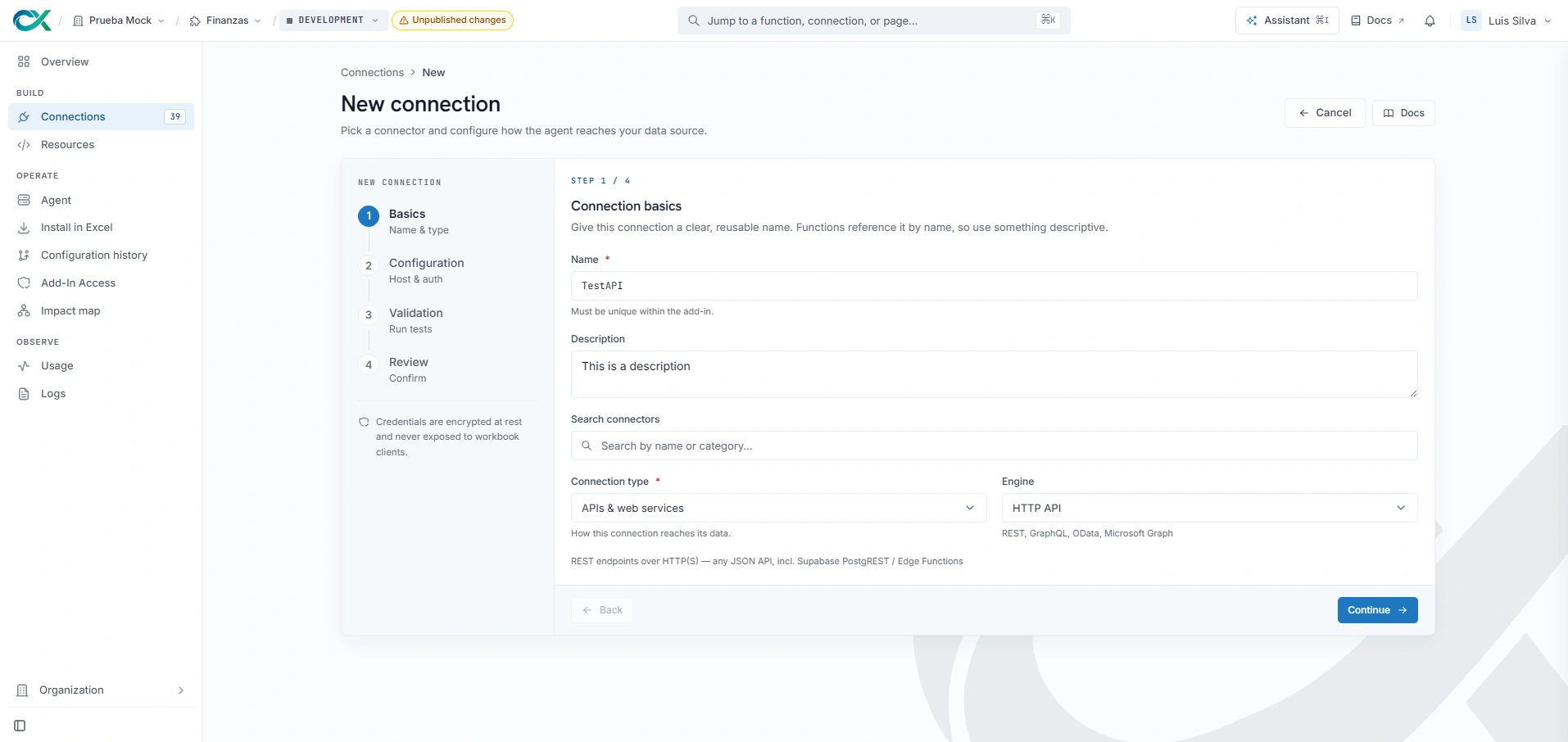 The first step of creating a ConnXL connection: a four-step rail for basics, configuration, validation and review, beside the fields for the connection name and description